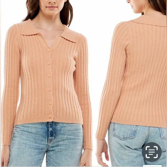 WayF Sawyer Rib Polo Cardigan Size: Large     Color: Peach - Picture 1 of 4